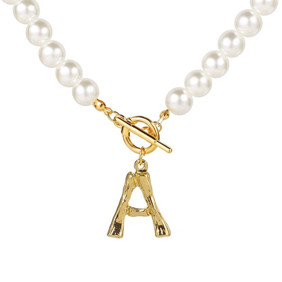 Gold Platted Initial Pendant Pearl Bead Necklace